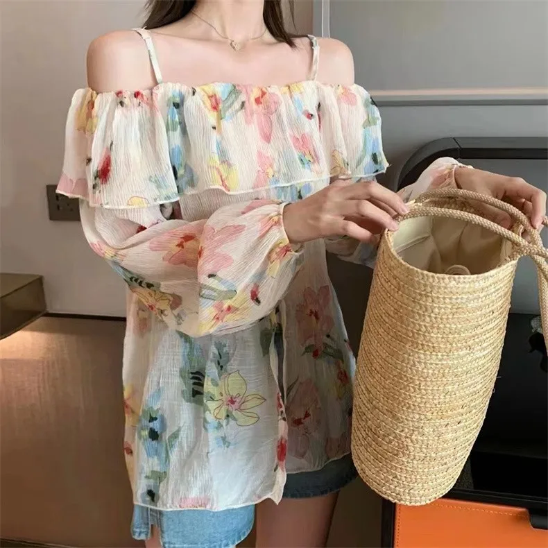 Summer New 2026 Feminine Chiffon Slash Neck Sweet Ruffled Tops Lantern Sleeve Floral Print Loose Fit Lightweight Flowy Gentle