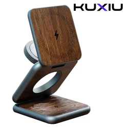 KUXIU X40 PRO Wood Grain 3 in 1 Magnetic Wireless Charging Station for iPhone 17 16 15 14 13 12 ,AirPods 4 3 2 Pro,iWatch Series