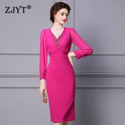 ZJYT Luxury Beading V Neck Empire Cocktail Party Dresses for Women 2024 Spring Elegant Long Sleeve Pencil Dress Office Work Wear