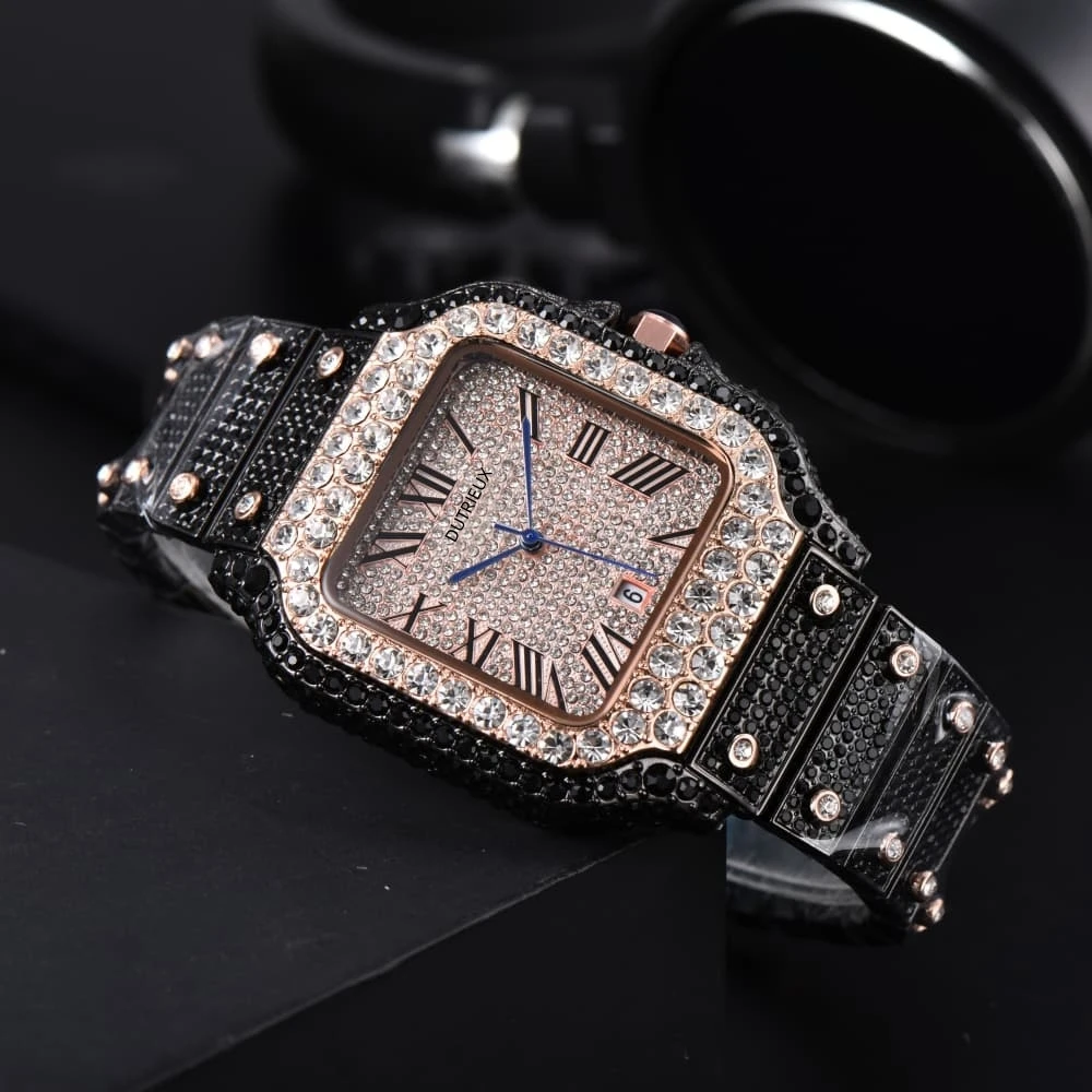 Hot Black Pink Square Dial Watches for Men Steel Strap Business Designer Full Diamond Style Watch Fashion AAA Clocks for Gift