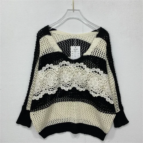 Handgefertigter Vintage-Strickpullover mit ausgehöhltem Quastenumhang Sweet Sle V-Ne Long Sve Loose Fit Baumwollmischungspullover