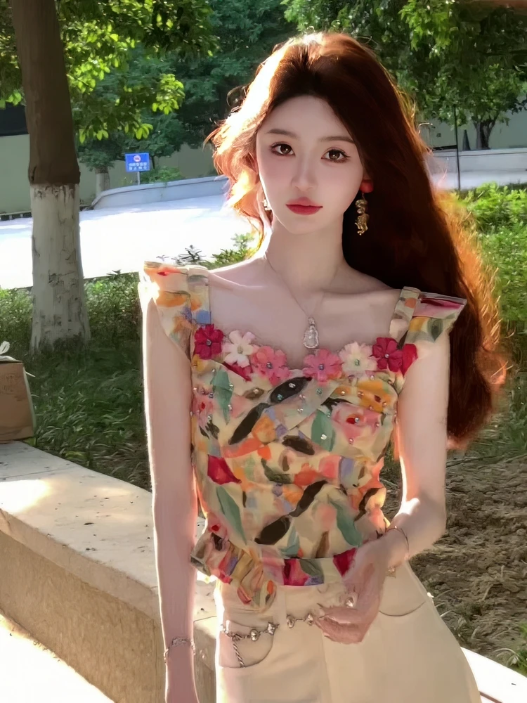 French Floral Square Neck Blouse Women 2025 Summer Slim Fit Ruffle Sleeve Crop Tops 3D Flower Design Elegant Y2K Fairy Style