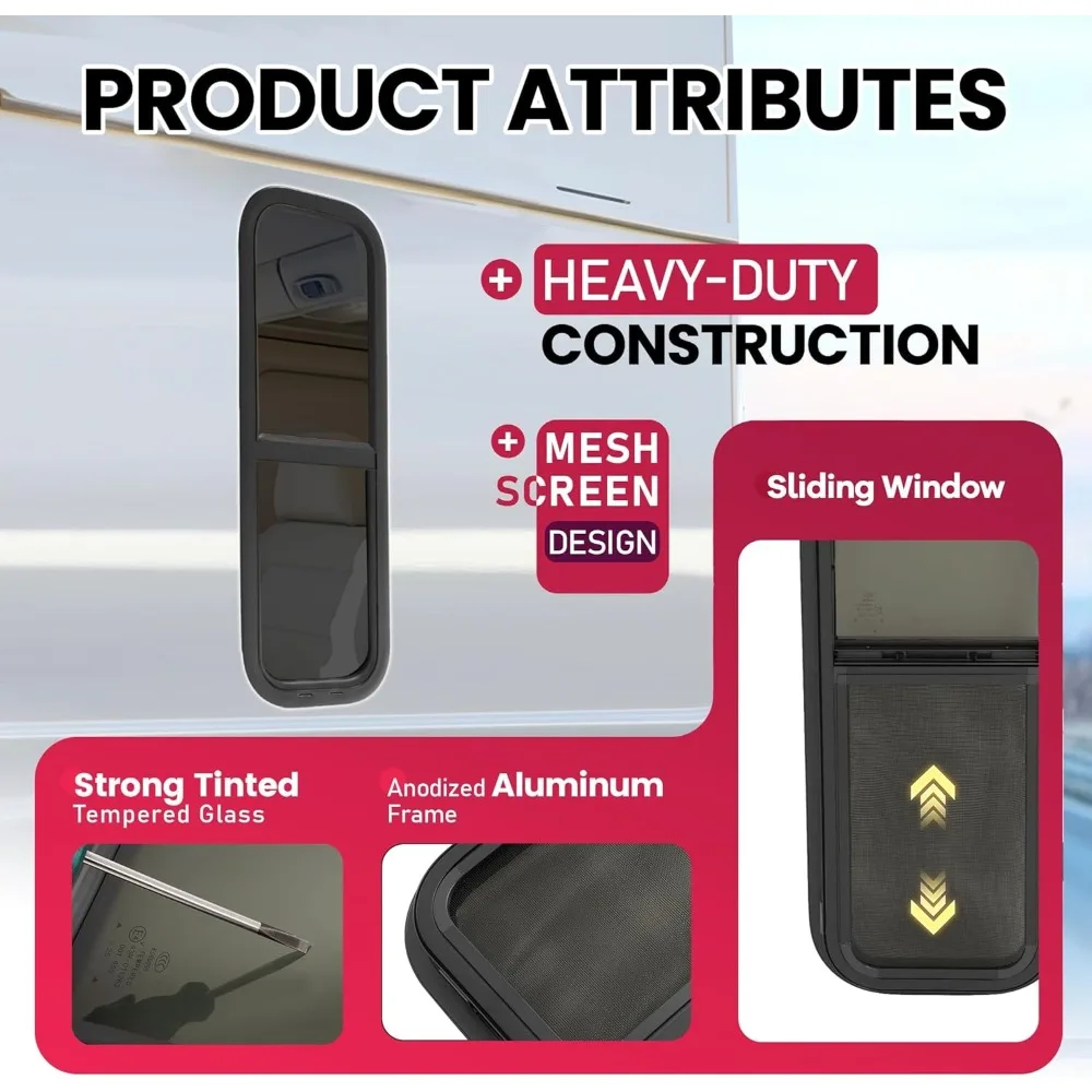 استبدال النافذة المنزلقة 12 × 36 RV مع شاشة شبكية وحواف، يناسب الجدران 15/16 إلى 1-3/5 سميكة