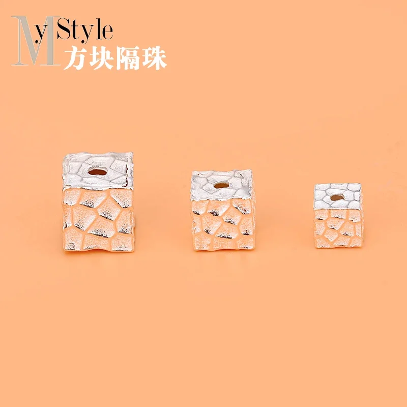 S925 sterling silver embossed square beads Wholesale handmade DIY material bracelet necklace jewelry accessories for women