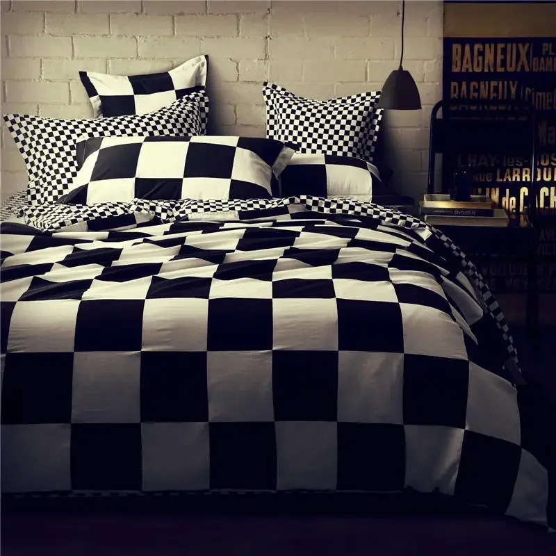 Simple pure cotton black and white four-piece set, cotton plaid star stripe personalized bed sheet quilt set 4-piece set spring