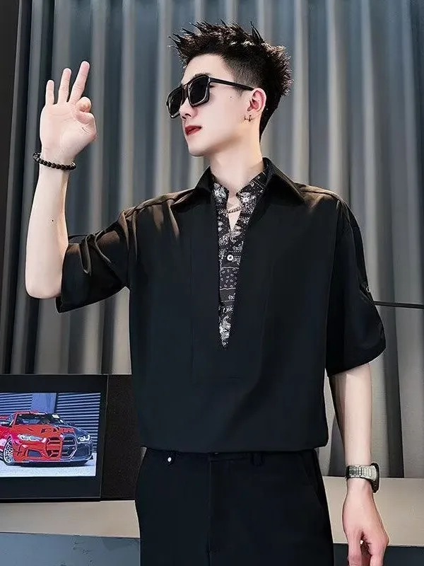 

Summer Men's Ice Silk Drapey Short Sleeve Shirt Fake Two-Piece Shirt 2026 New High-End Five-Sleeve Casual Shirt Breathable Co...
