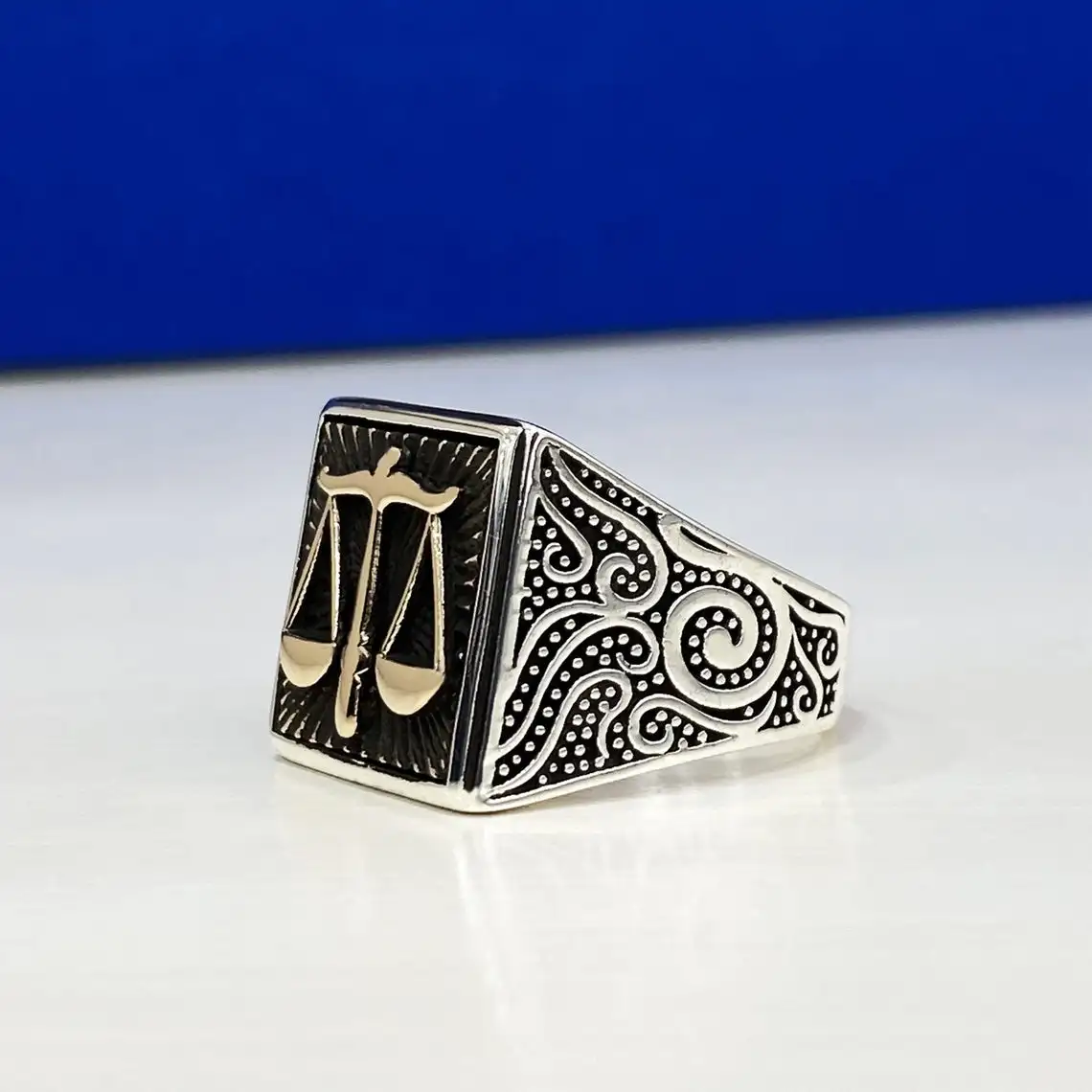 Solid 925 Sterling Silver Libra Motif Lawyer Ring Men's Exclusive Business Jewelry Accessory Made In Turkey Gift Him