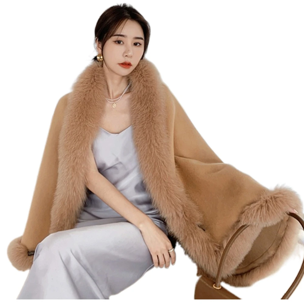 ZDFURS*Winter new medium and long women's wool double-sided tweed fox fur collar fur cloak shawl накидки и пончо плащ женский