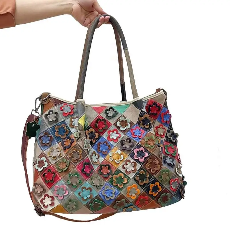 LOMANTINA  New Multi-Colorful Real Leather Luxury Brand Ladies Flower Shopper Purse Handbag Over Shoulder Women Designer Tote