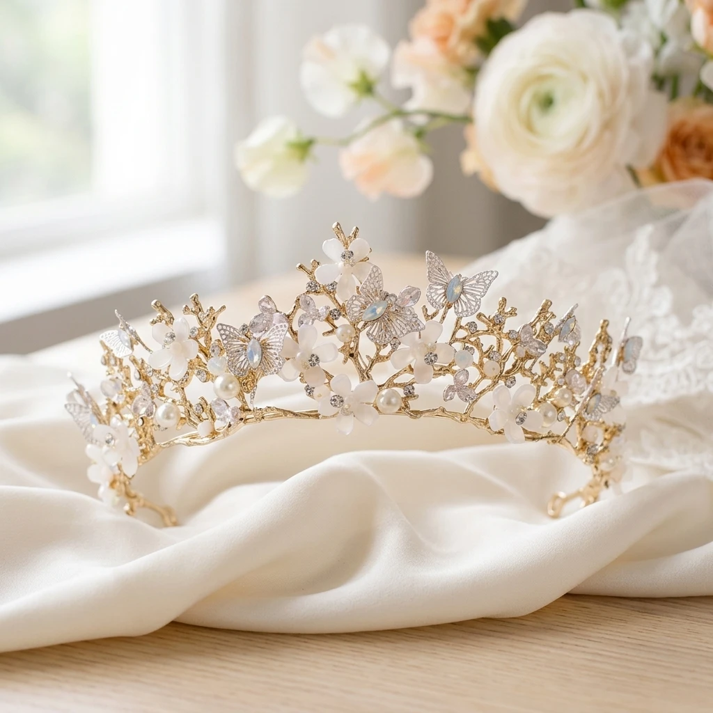 

Baroque Style Gold Crystal-Crown Hairband For Wedding Bridal Headpiece With Butterfly Flower Design
