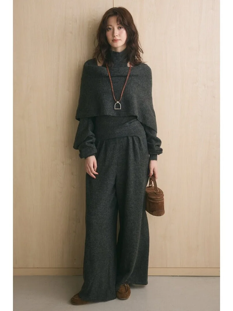 Soft Style Cloak Three-Piece Set High Waist Wide Leg Pants Knitted Sweater for Women Autumn Winter Casual Pure Color Business...