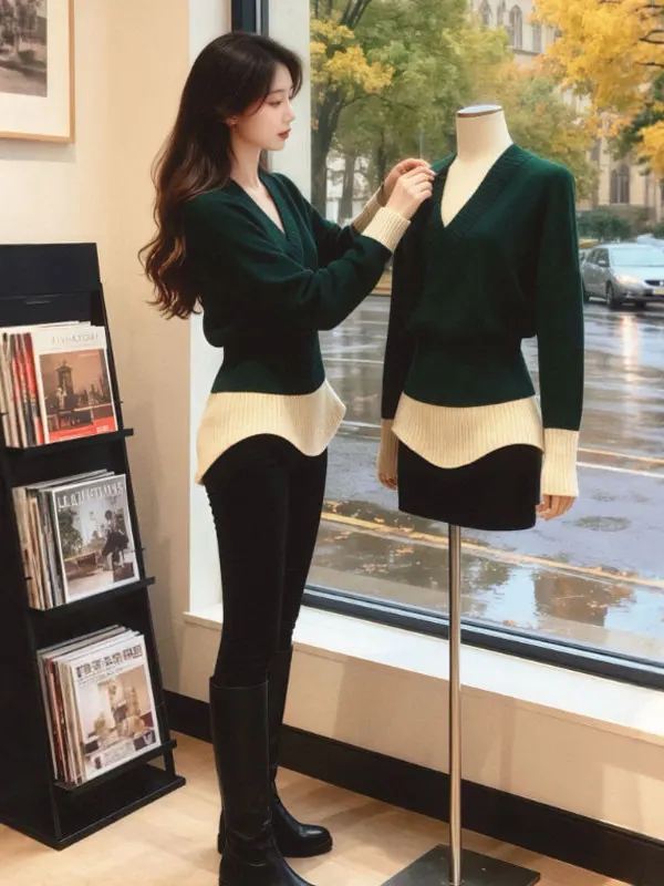 

Korean Sle Unique Color Blo V-Ne Knitwear Women's Spring Faion Slim Fit Top Color Contrast Waist-Cinching Ladies' Swe...