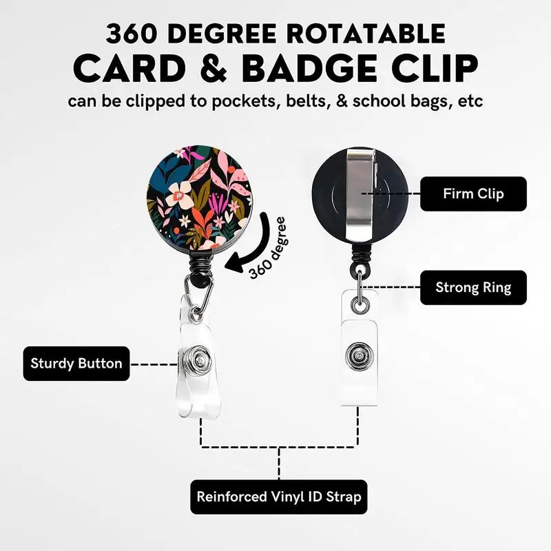 Identity Badge Holder Floral Print Work Name Card Holder With Telescopic Reel Belt Clip Multipurpose Badge Protector With