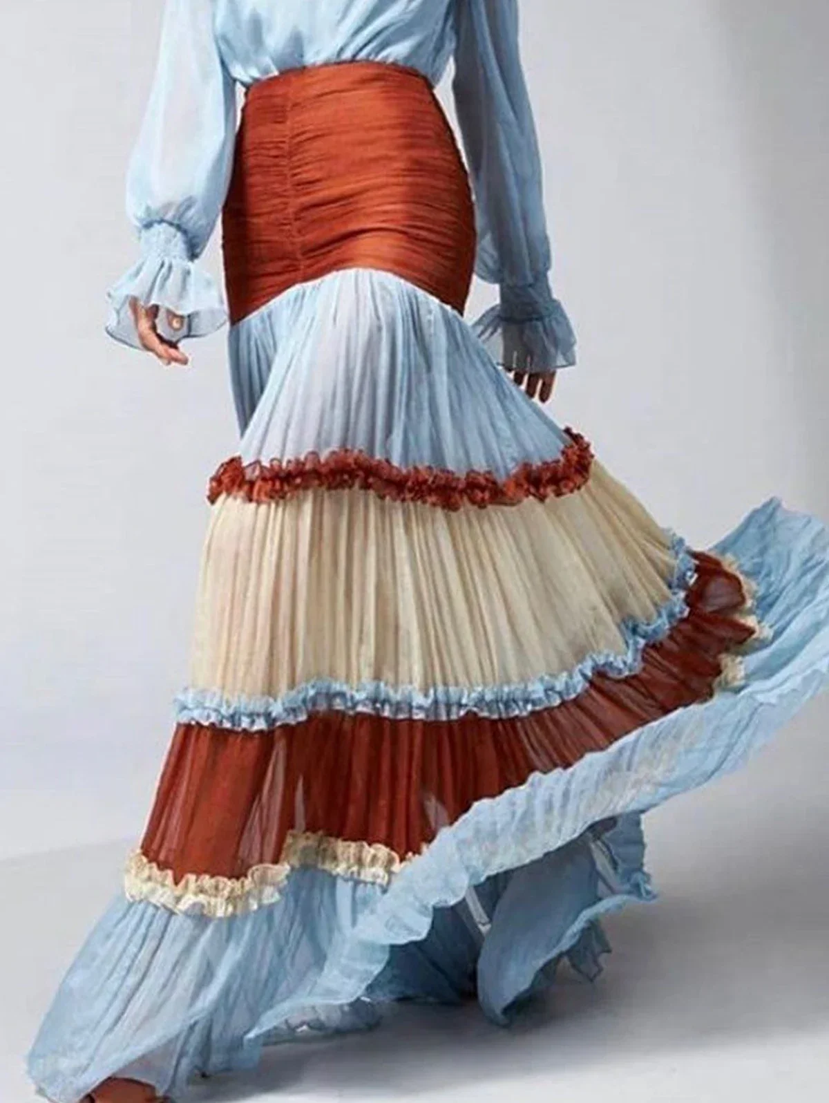 Elegant Ruffle Dress for Women Tiered A-Line Sweet Lantern Sleeve V-Neck Patchwork Layer Long Dress for Spring Autumn 2025