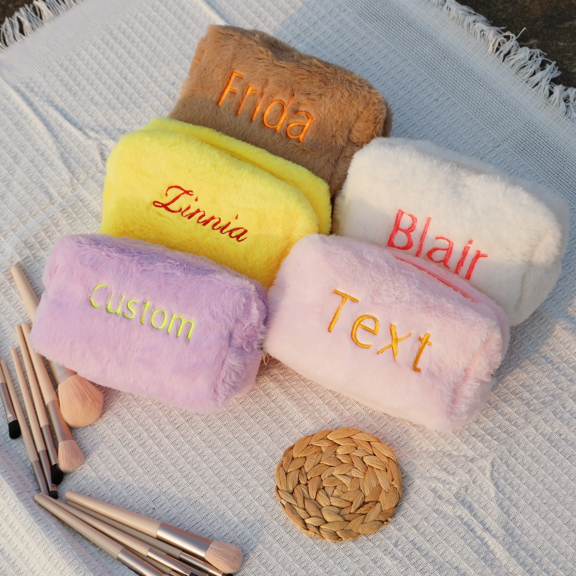 Custom Name Plush Makeup Bag Personalized Embroidery Faux Fur Cosmetic Pouch Fluffy Pencil Case Soft Storage Bag Gift for Girls