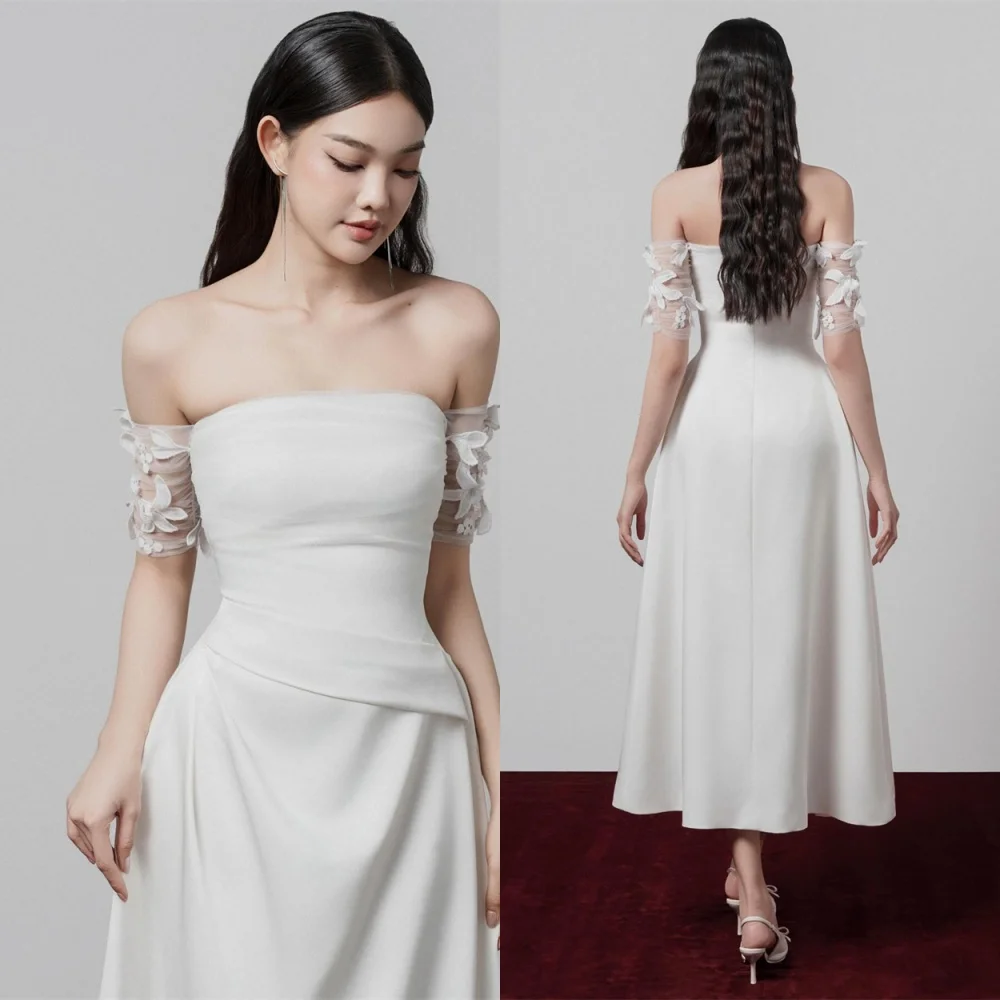 

Customized High Quality White Satin Evening Dress Temperament Strapless Detachable Sleeve Short Sleeves Bespoke Occasi