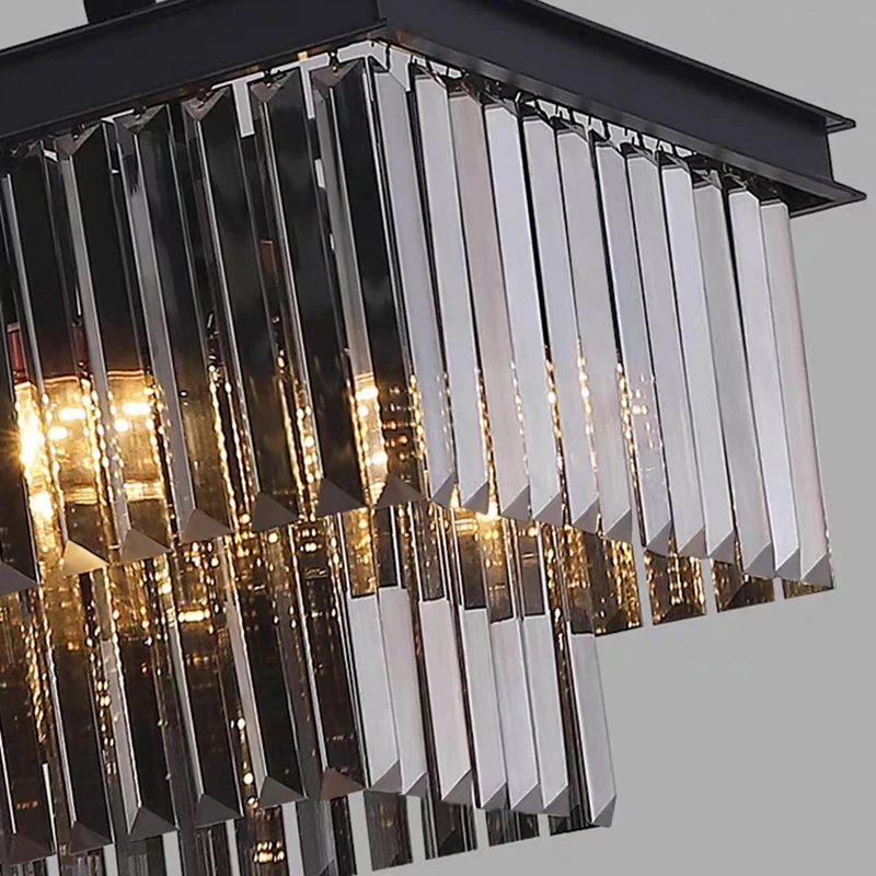 Minimalist Smoky gray Crystal LED chandelier lustre Black Hardware ceiling for Kitchen island Living room Designer light