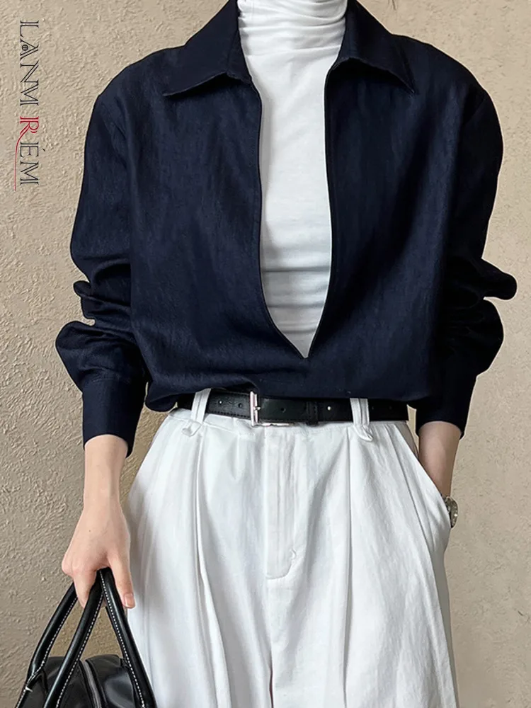 LANMREM Personalized V-neck Shirt Women's 2025 Spring New Clothing Long Sleeves Solid Color Casual Blouses Female 2Z2995