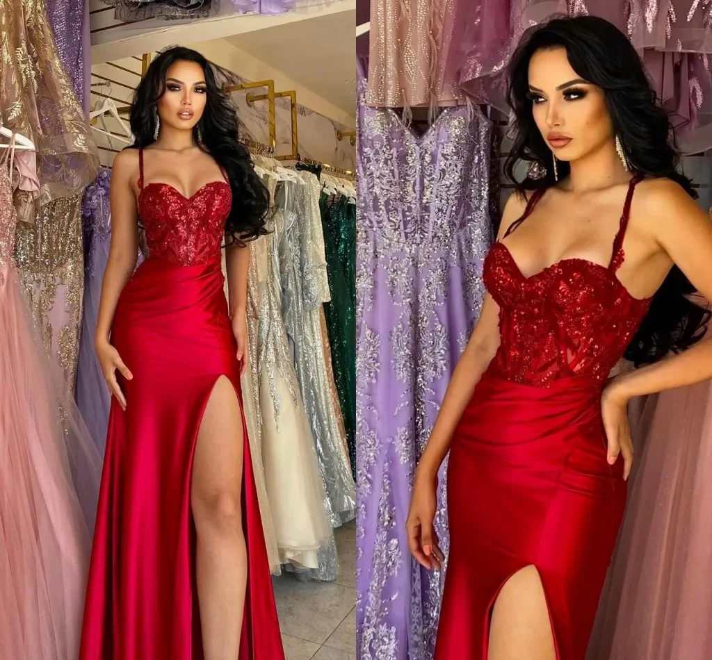 

Sexy Red Mermaid Prom Dresses For Black Women Pleats Sequined High Side Split Formal Wear Pageant Second Reception Party Gowns