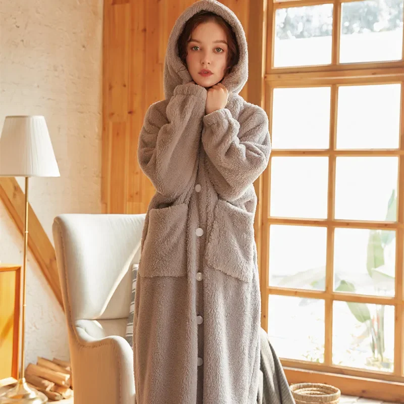 Coral Velvet Bathrobe Women Court thickening Warm Hooded Robe Ladies Casual Button Flannel Kimono Bath Robes Dressing Gowns