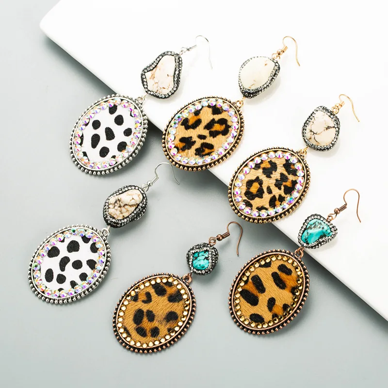 Wind source Exaggerated geometric irregular natural stone bag Diamond leopard pattern leather earrings Vintage earrings