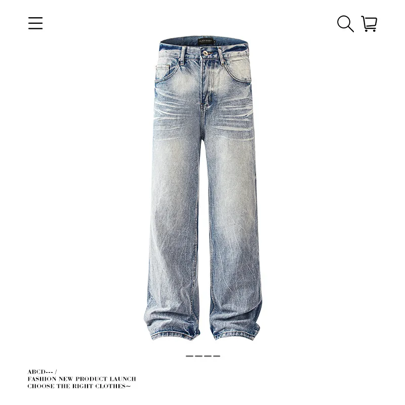 

2025 Autumn American-style washed and distressed whiskered jeans Unisex relaxed-fit versatile straight-leg trousers