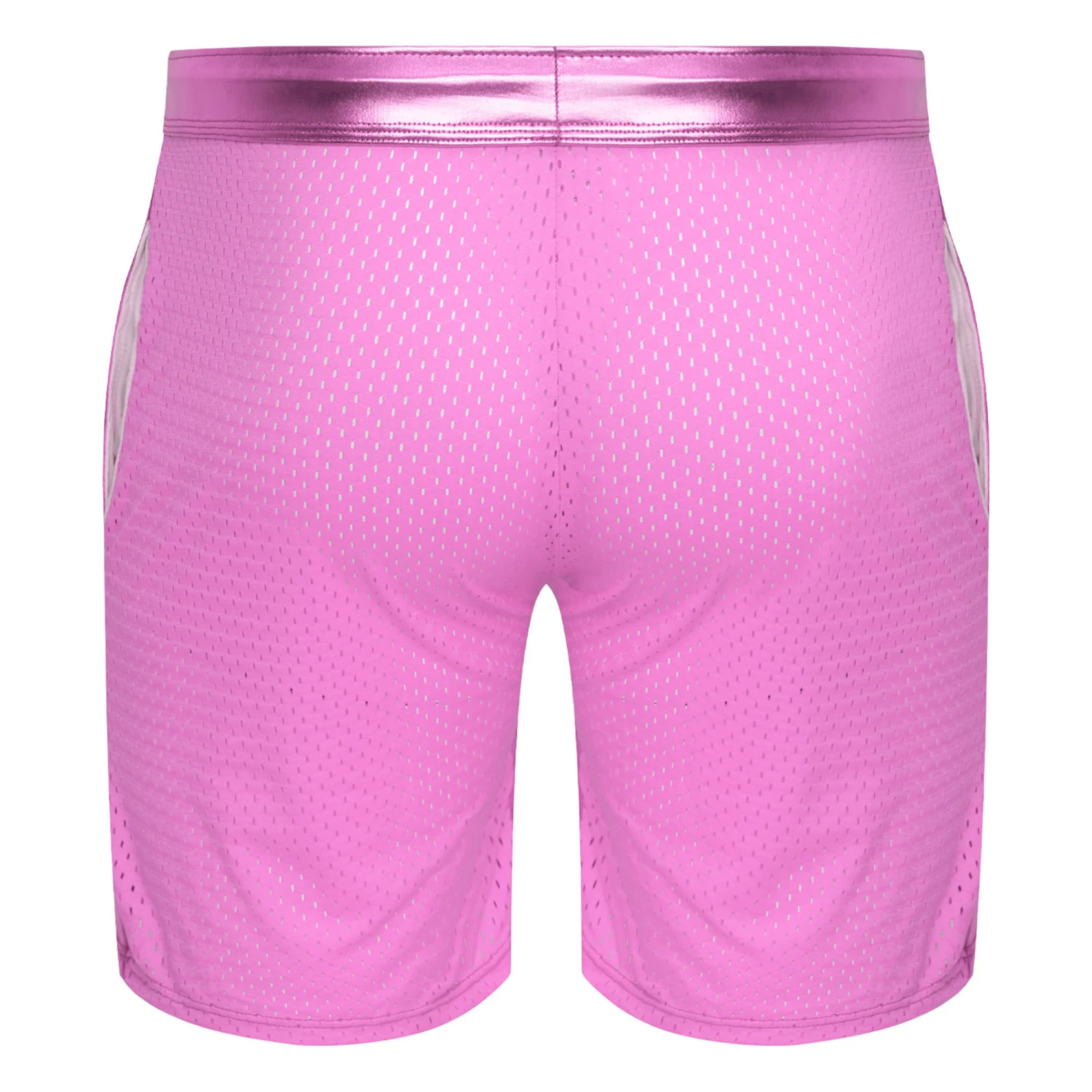 Men Drawstring Metallic Shiny Cutout Mesh Shorts with Pockets Disco Club Rave Party Costume Beach Sports Running Fitness Bottoms