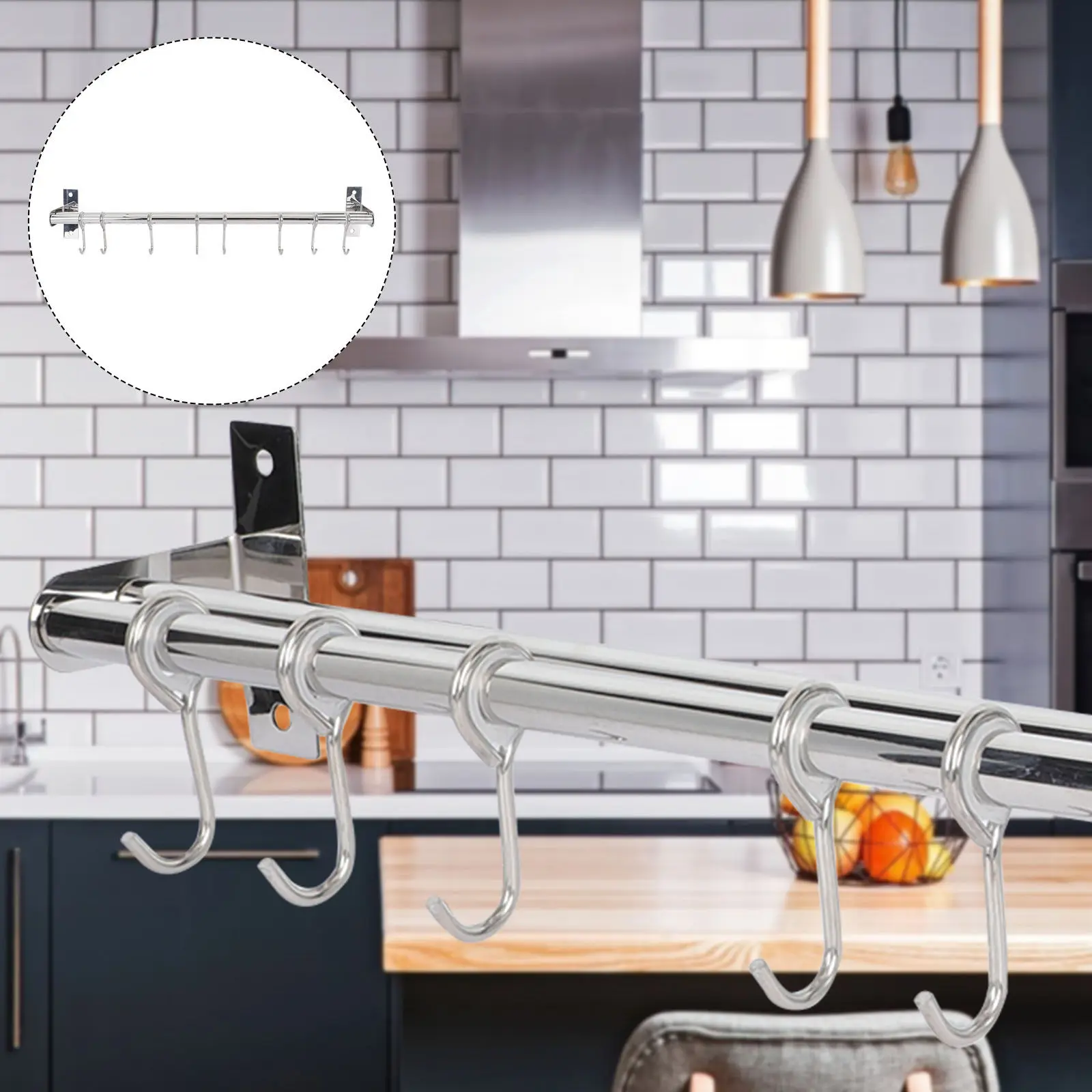Stainless Steel Wall-Mounted Utensil Rack with Movable Hooks for Kitchen Towels Cookware Storage Space-Saving Modern Design