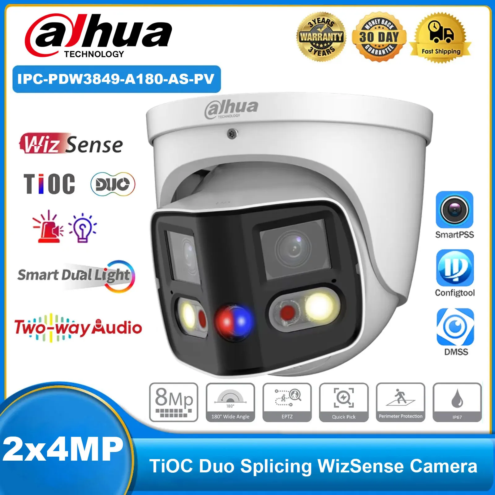 

Dahua IPC-PDW3849-A180-AS-PV IP Camera 2x4MP 180° TiOC Duo Splicing WizSense EPTZ SMD 4.0 Sound & Light Two-Way Audio