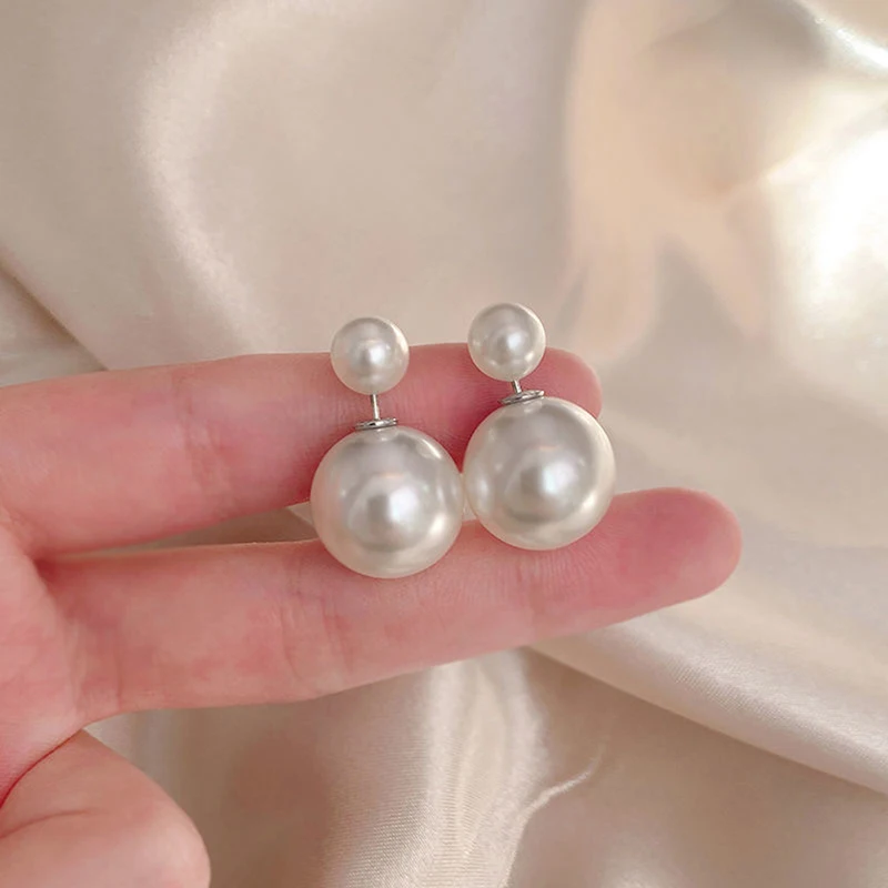 Simple Delicate Two-sided Imitation Pearl Ball Earrings Silver for Women Bijoux Korean Boucle Wedding Party Jewelry Girl Gifts