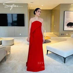 SSYTENS Simple Red Strapless Stain Evening Dresses Sleeveless Floor Length Wedding Guest Dress Long 2 PCS Formal Prom Party Gown