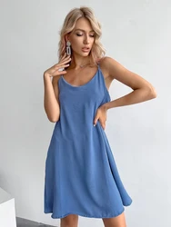 HiLoc Summer Blue Ruched Night Dress Women Fashion Spaghetti Strap A-Line Sexy Sleepwear Casual O-Neck Solid Mini Dress Pajamas