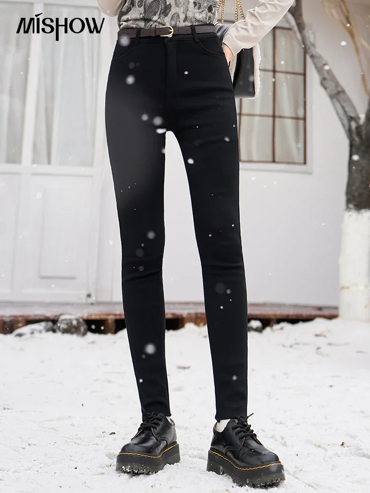 

MISHOW Black Plus Velvet Skinny Jeans for Women 2023 Winter High Waist Elastic Thick Warm Pencil Pant Female Slim Fit MXC54K0529