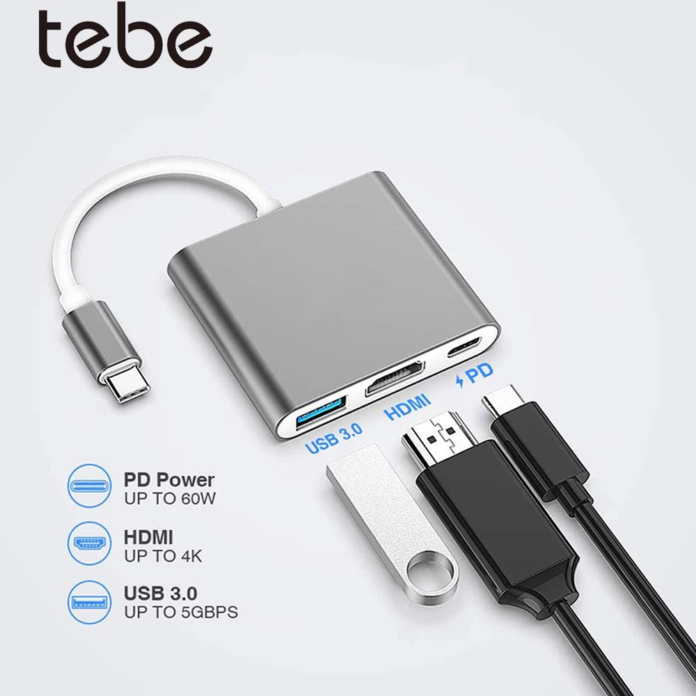

Адаптер-концентратор Tebe USB C 3 в 1 USB-C на 4K 30 Гц HDMI-совместимый USB3.0 PD Разветвитель быстрой зарядки Док-станция Type-c