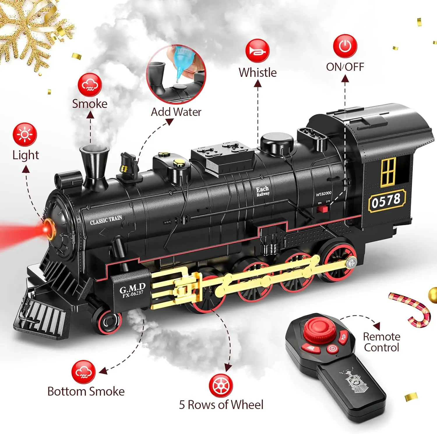 Remote Control Train Set with Steam Locomotive, Light Passenger Cars & Tracks - Christmas Toys with Smoke, Whistle & Lights, Gifts for Boys Ages 3-8+
