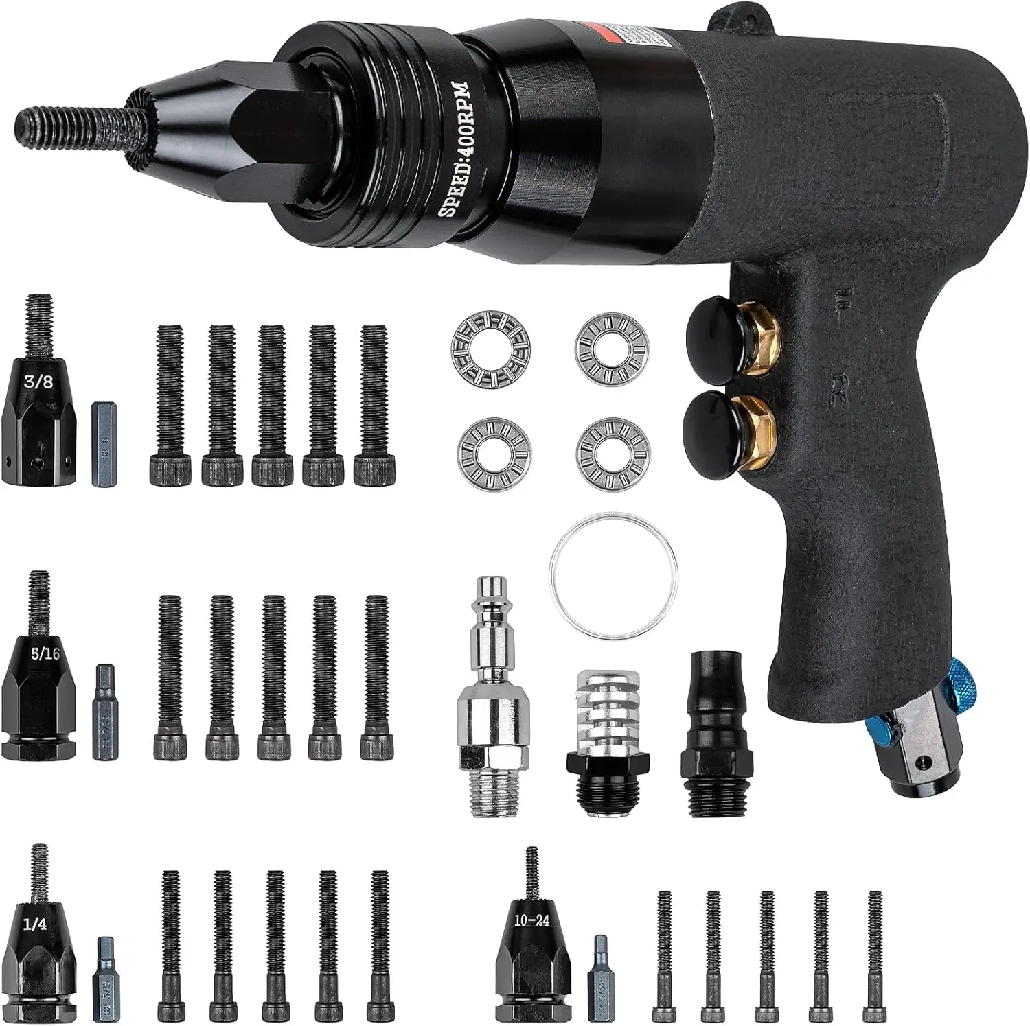 Pistola de porca de rebite com cabeça de travamento automático 10-24 e 1/4 e 5/16 e 3/8, pistola de rebite de ar de velocidade ajustável, kit de ferramentas de porca de rebite de ar com 4 tamanhos