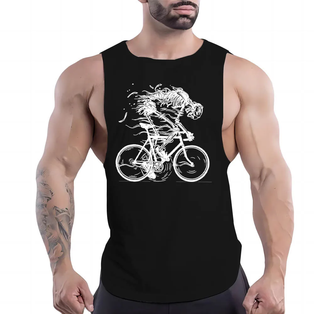 

2023 Summer New Men Leisure Sports Solid Color Vest T-Shirt Bicycle Print Round Neck Breathable Multi-Color Shirt Quick Dry