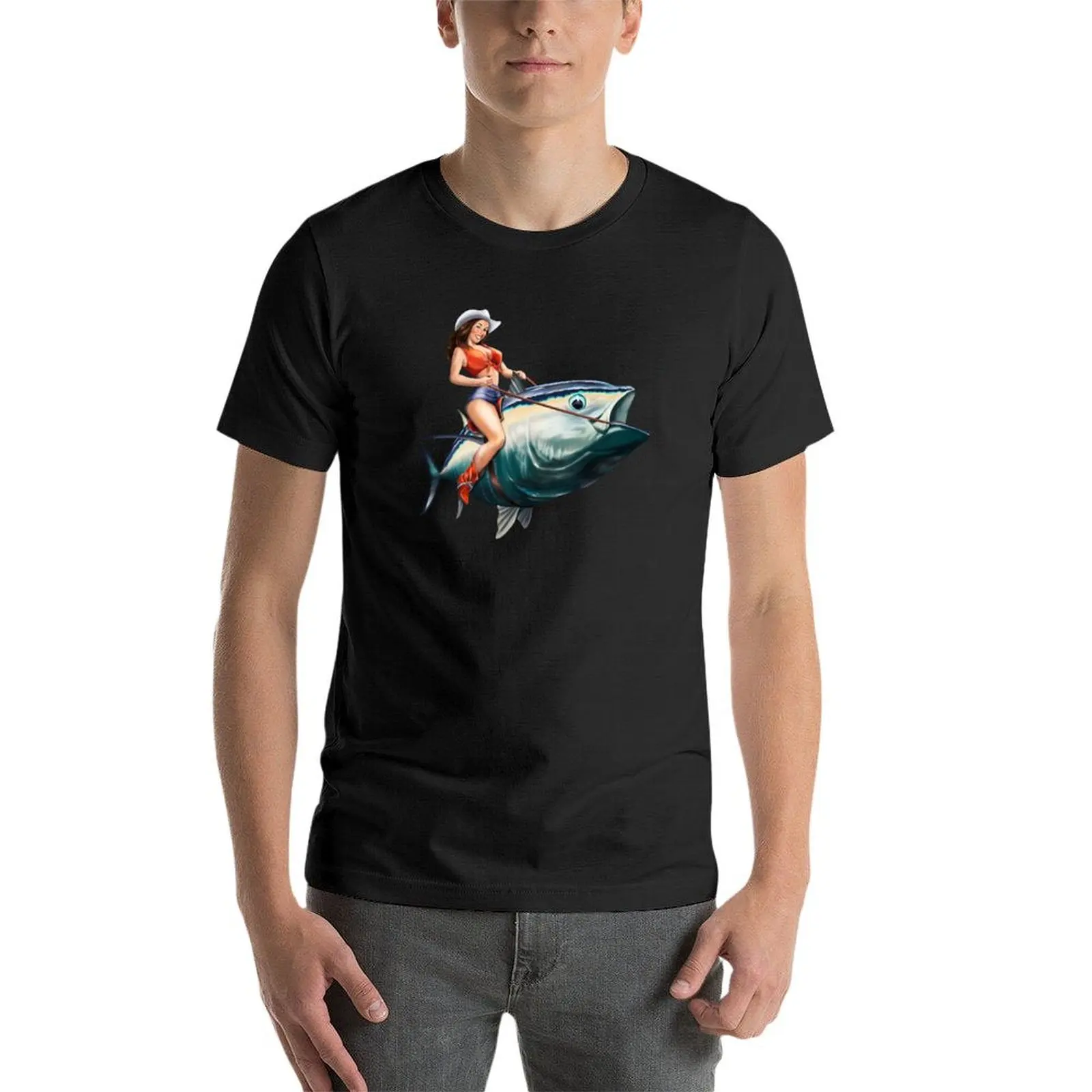 Bluefin Tuna Rider Fishing PinUp Girl T-Shirt aesthetic clothes boys whites plain white t shirts men image 4