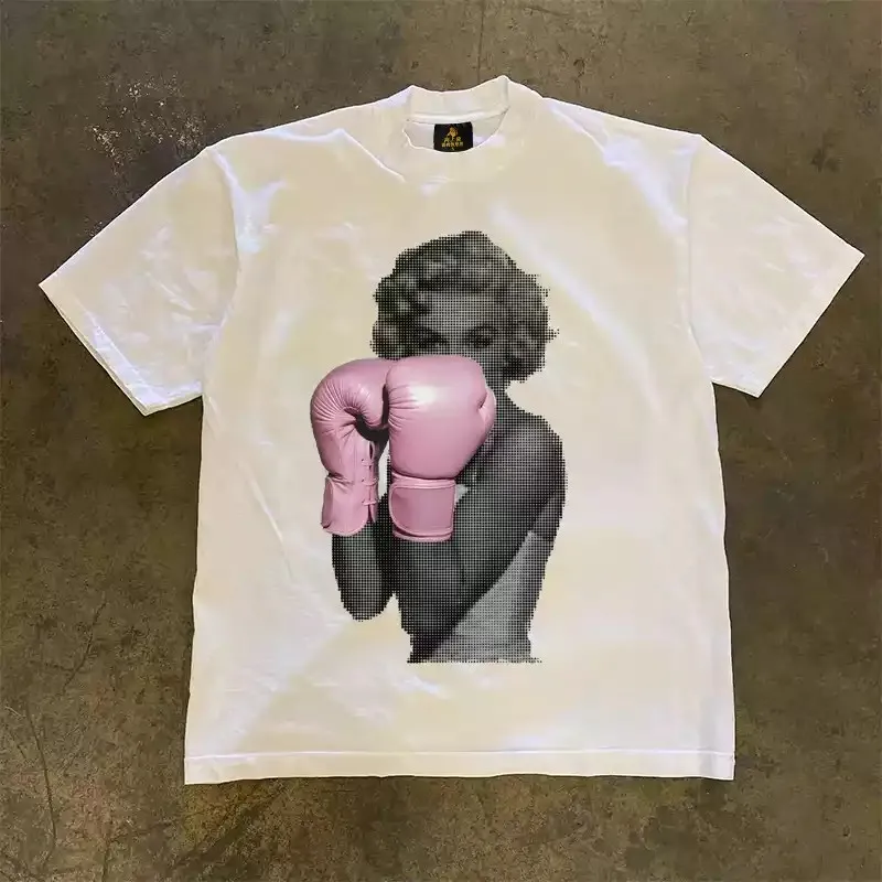 Vintage Boxing Girl Pixel Art Print T‑Shirt Men Women Streetwear Loose Heavy Cotton Short Sleeve Tee Retro Aesthetic Pink Boxing Gloves Graphic T Shirt Unisex Casual Tops.
