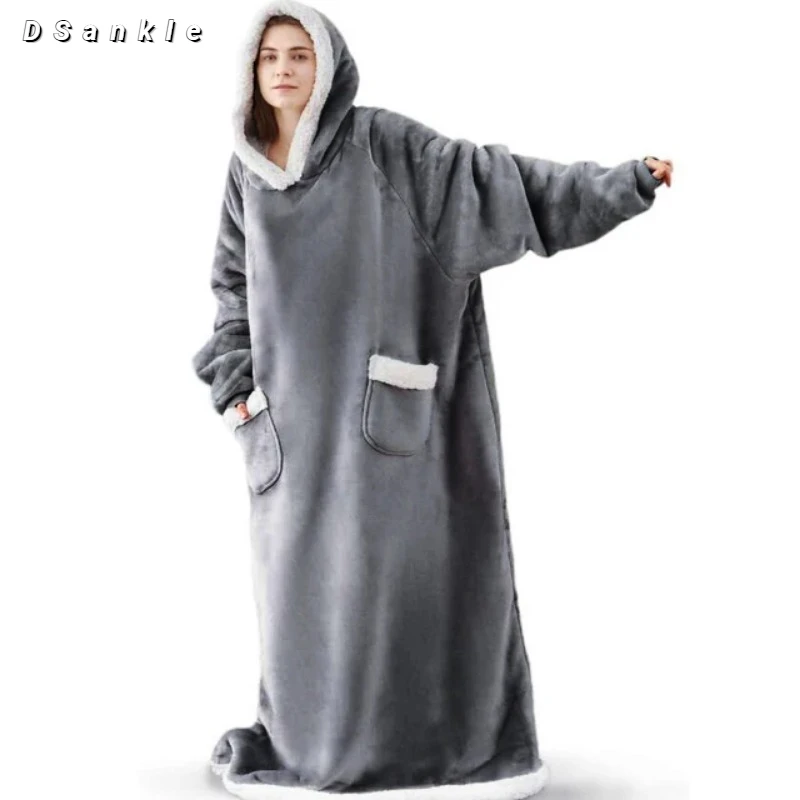 DSankle Winter Oversized Hoodies Super Long Hooded Blanket with Sleeves Women Men Pullover Fleece Giant TV Blanket 150cm