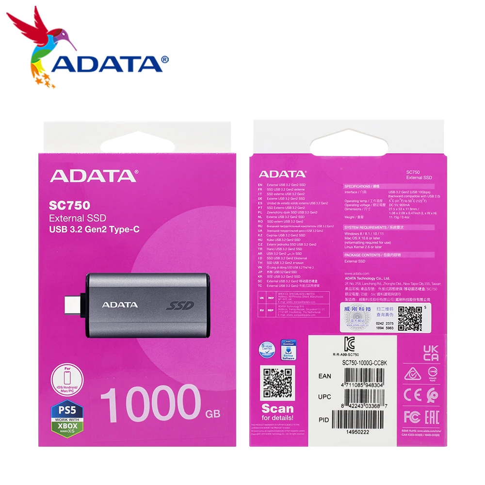 Original ADATA Portable SSD SC750 USB 3.2 Gen 2 Type C Mobile Storage Disk 500GB 1000GB Solid State Drive PSSD For Phone/PC