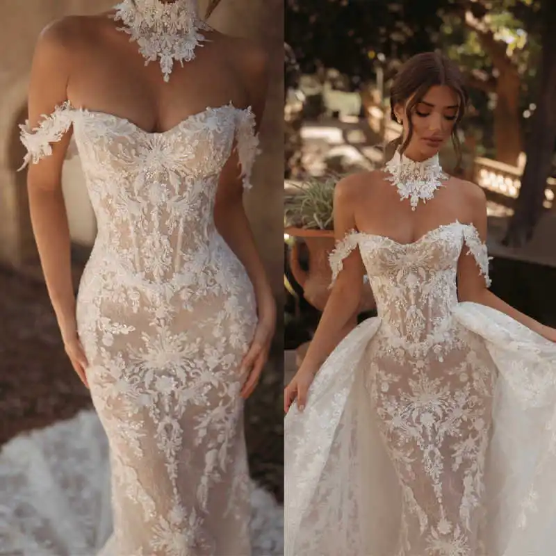 Stunning Wedding Dresses Detachable Overskirt Lace Embroidery Off Shoulder Corset Bodice Mermaid Formal Wedding Customized