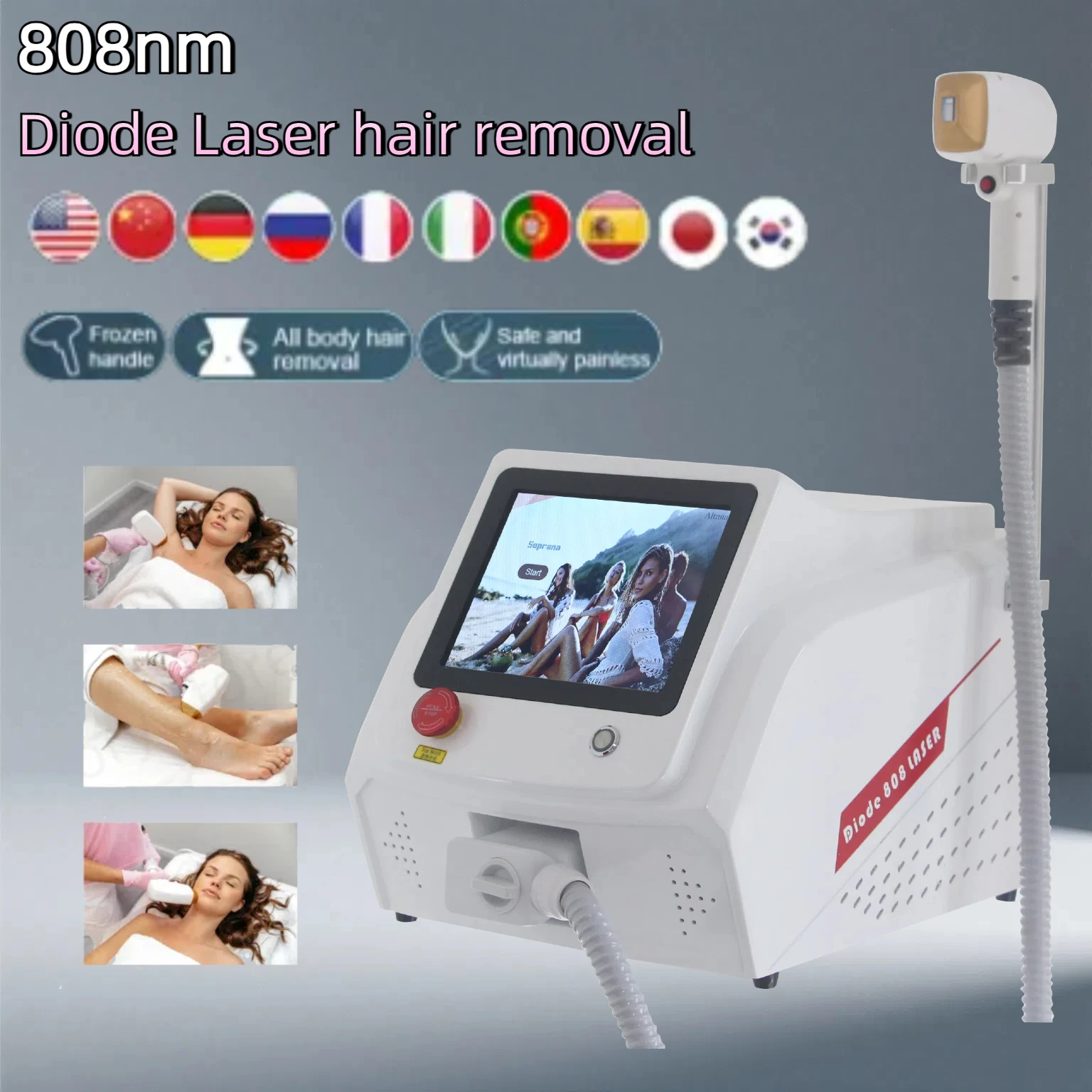 

Diode Laser Epilator Permanent Hair Removal Laser 755nm 808nm 1064nm Painless Hair Removal Freezing Point Cooling System 3500W