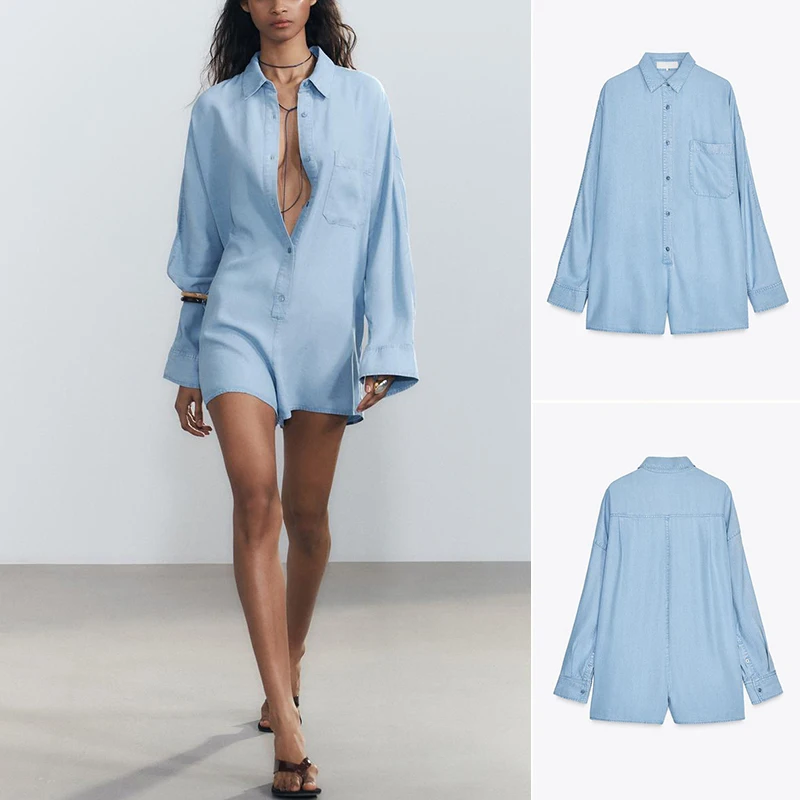 

Новинка Весна-Лето: Женский джинсовый комбинезон с плиссированным декоративным воротником, длинными рукавами, высокой талией и прямыми штанинами для повседневной носки