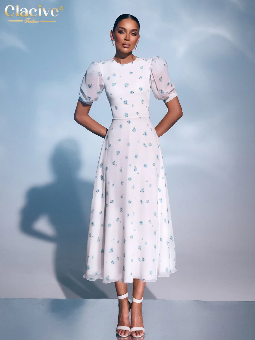 

Clacive Summer Loose Print Women Dress Fashion O-Neck Short Sleeve Ankle Length Dresses Elegant Classic High Waist Female Dress