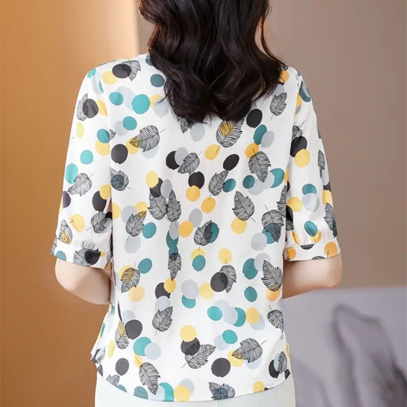 Summer Women\'s Clothing Pullover Chiffon Short Sleeve Round Neck Bandage Plant&Flowers Printing T-shirt Fashion Casual Tops