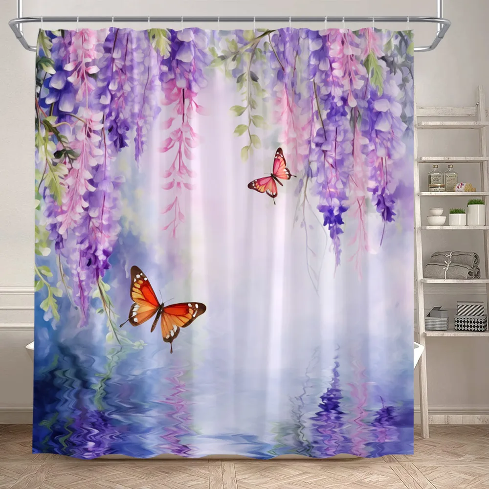 Rustic Floral Butterfly Shower Curtains Purple Vine Flowers Plant Nature Scenery Polyester Bathroom Curtain Decor Set With Hooks