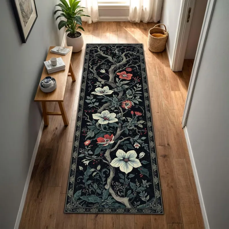 Traditional Koi Fish Lotus Flower Runner Rug Zen Style Home Decor Non-Slip Floor Mat Oriental Ethnic Carpet for Entryway