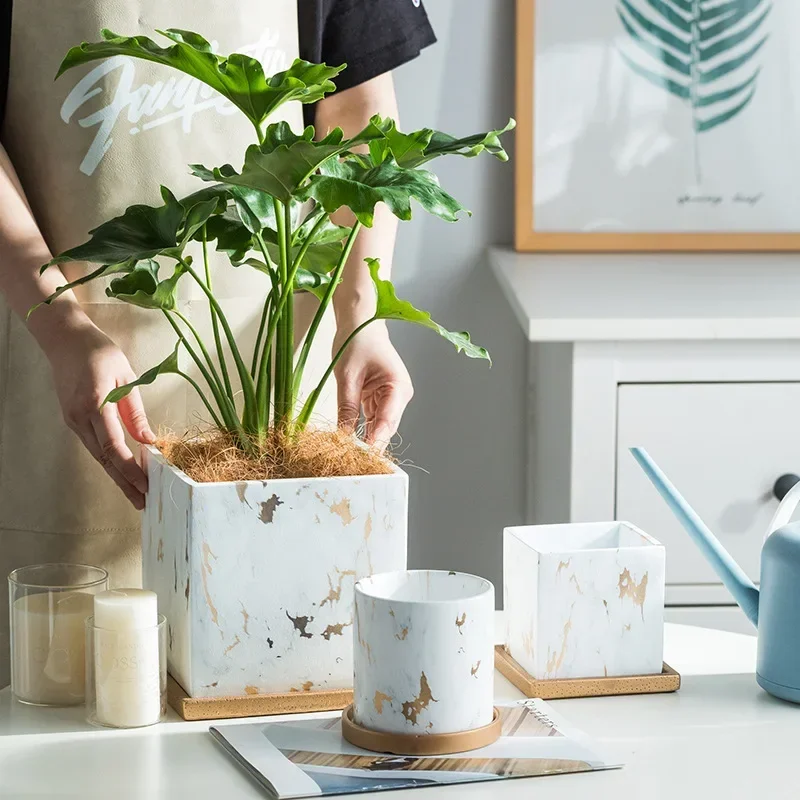 11/14/17 cm Nordic Keramik Blumentöpfe Kleine Sukkulenten Grün Pflanzen Blumentopf mit Tablett Hause Desktop Dekoration garten Liefert