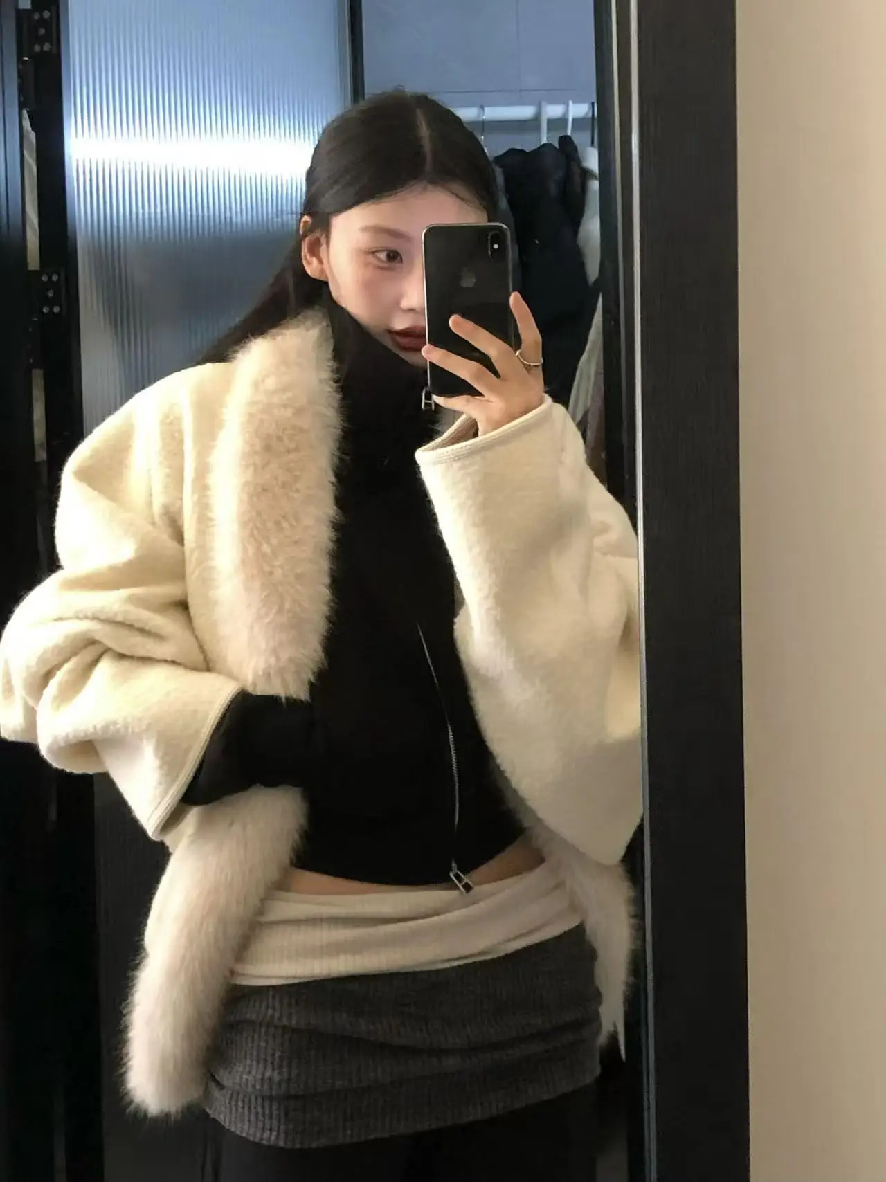 

Ele Зимний кардиган с запахом, женский шерстяной воротник на мавпе, легкое роскошное модное моющееся женское пальто